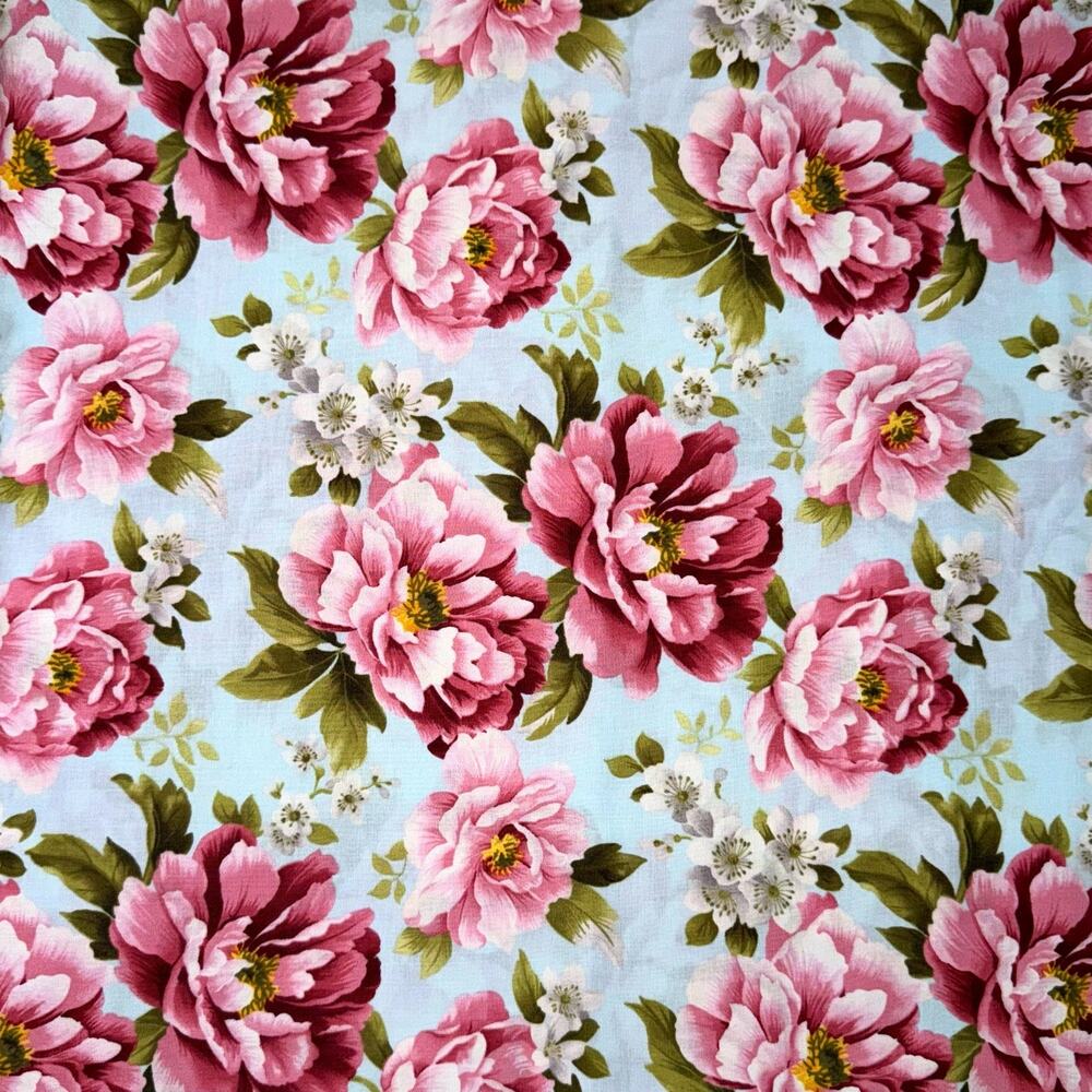 Pink Bursting Blooms Large Flower on Light Blue - Benartex Traditions - 1/2 Yard